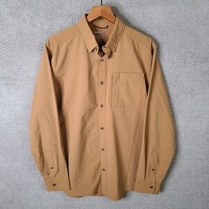 Swiss Tech Shirt Mens Large Brown Button Down Stretch Long Sleeve Nylon Stretch